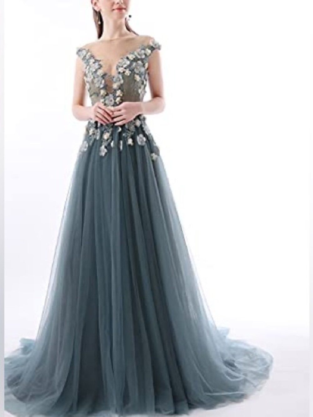 Prom/ Wedding ! Designer inspired Grey Tulle Maxi Dress with Floral Appliqué - Picture 3 of 14